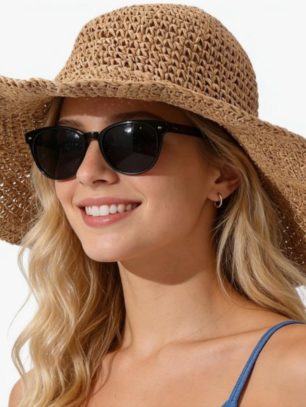 Handmade Womens Straw Floppy Wide Brim Sun Beach Hat - Tan